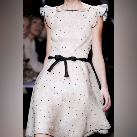 Valentino Dresses & Skirts - Valentino Beige Silk Polka Dots Embroidered Ruffle Sleeve Bow Waist Flare Dress